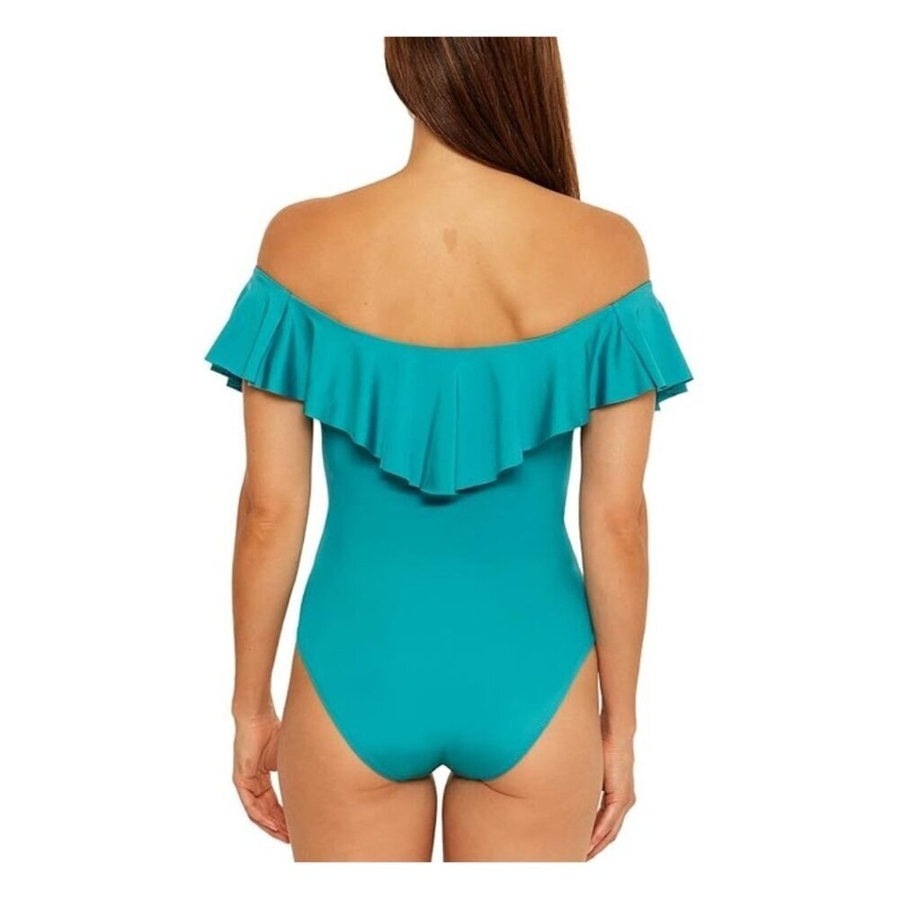 New Trina Turk sz 12 women off shoulder ruffle swimsuit turquoise - Picture 2 of 14